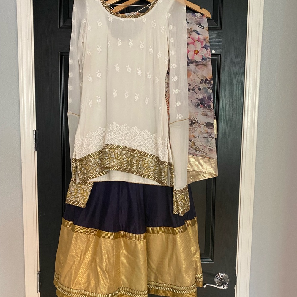 Navy blue lehenga, ivory top, printed dupatta